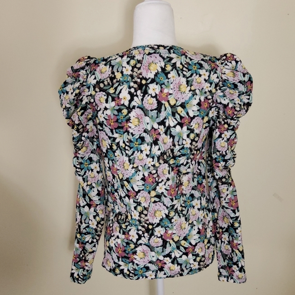 LOFT Floral Ruffle Sleeve Blouse - Black and Multicolor Size S - Picture 5 of 5
